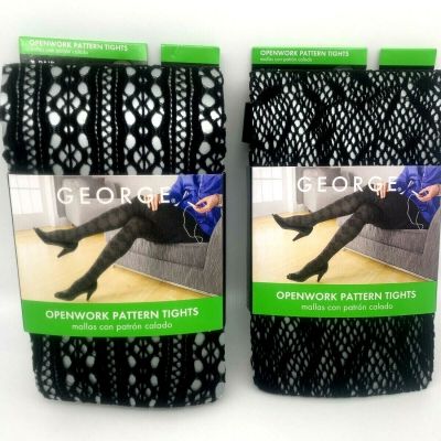 2 pr George Openwork Pattern Tights - Vine+Stripe Patterns-size 3-Black Soot